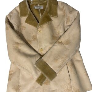 Vintage Floral Beige Coat with Faux Fur Trim